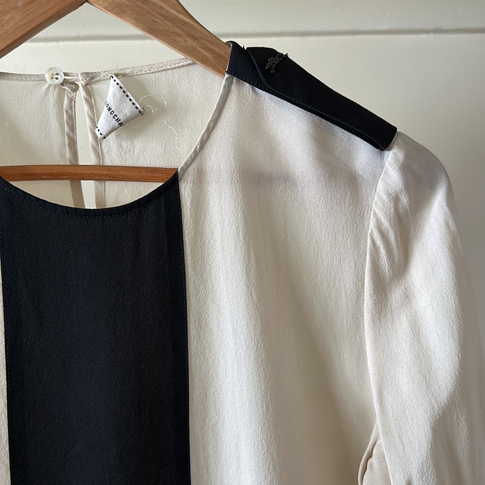 New Longchamp silk equestrian military epaulette color-block minimalist blouse - Picture 3 of 11